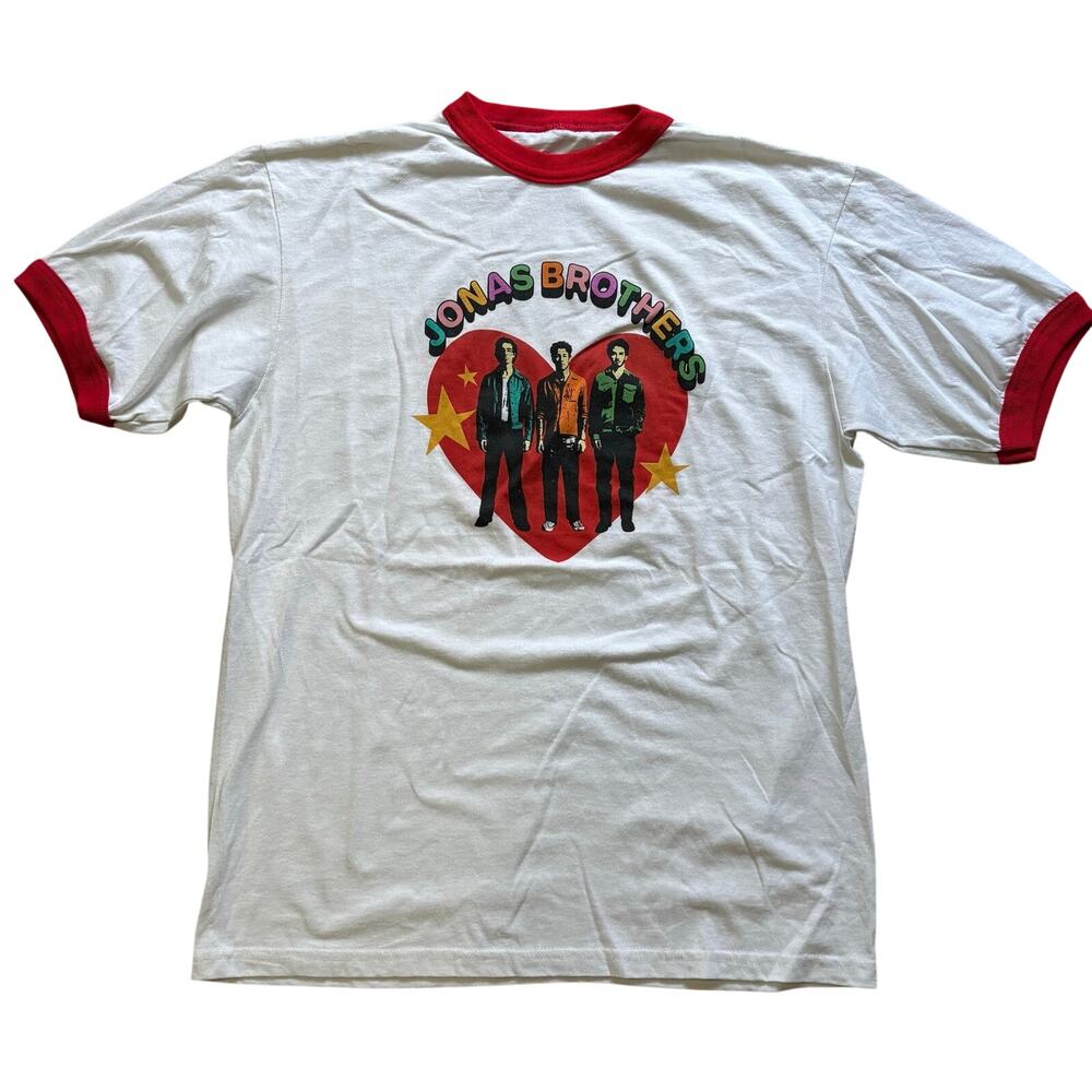 Jonas Brothers 2023 Official Merch Band Tee Ringer Shirt Large White Red Heart
